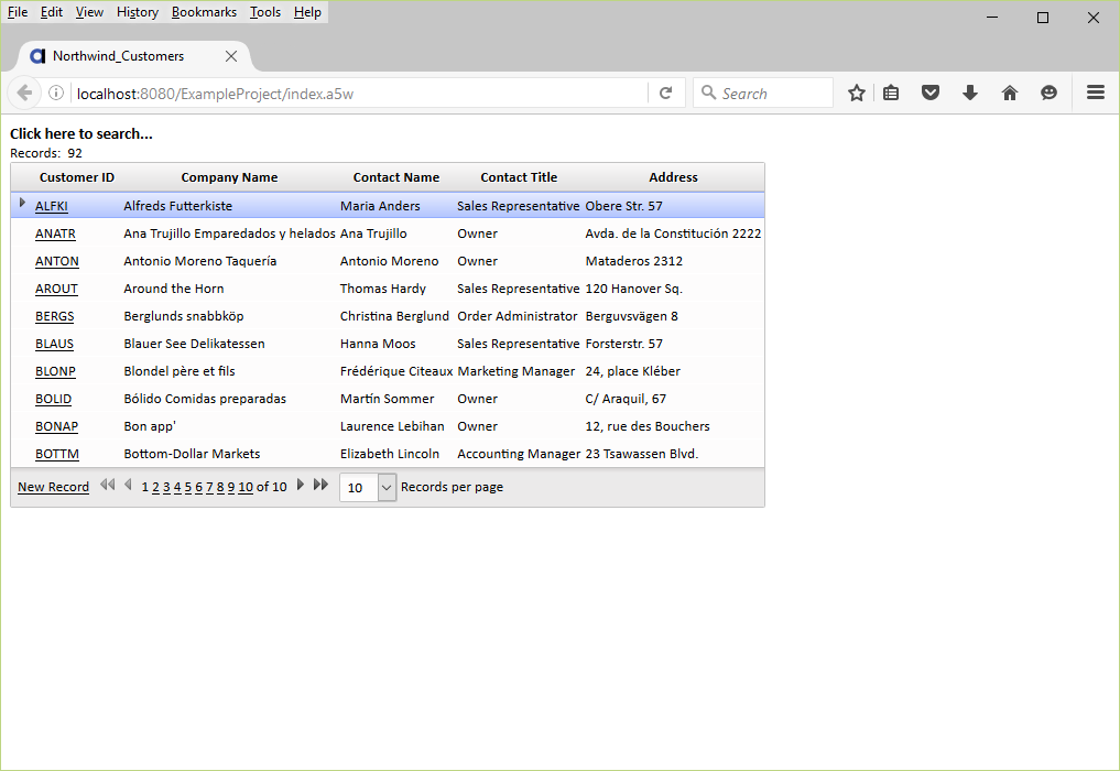 Viewing the published project in the web browser
